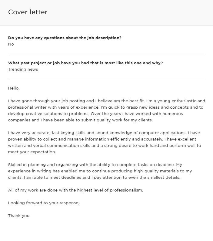 An Upwork proposal with one-liner answers