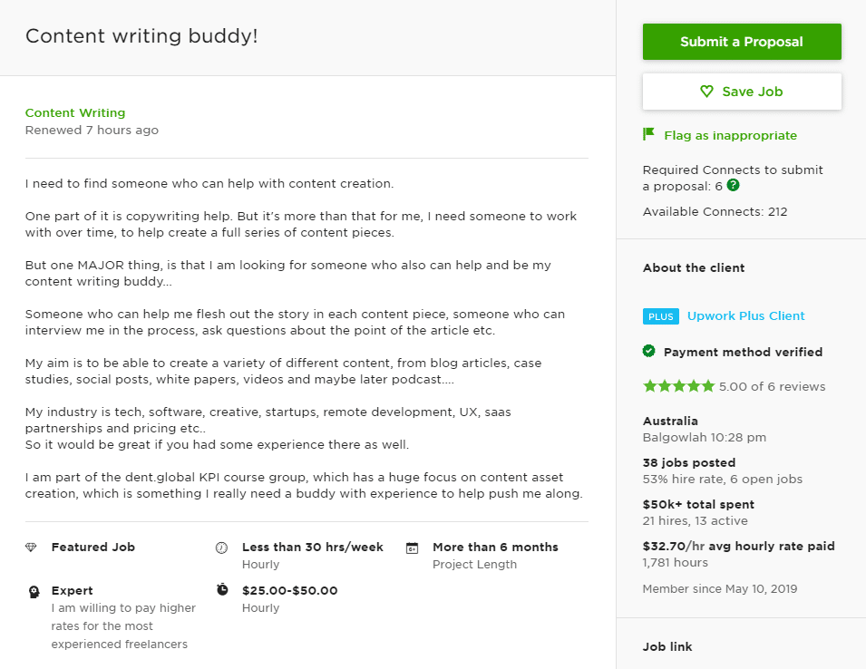 An Upwork job post without the client’s name