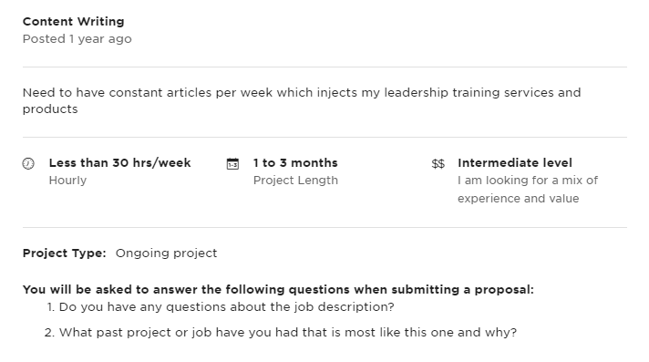 A sample Upwork job post looking for a writer