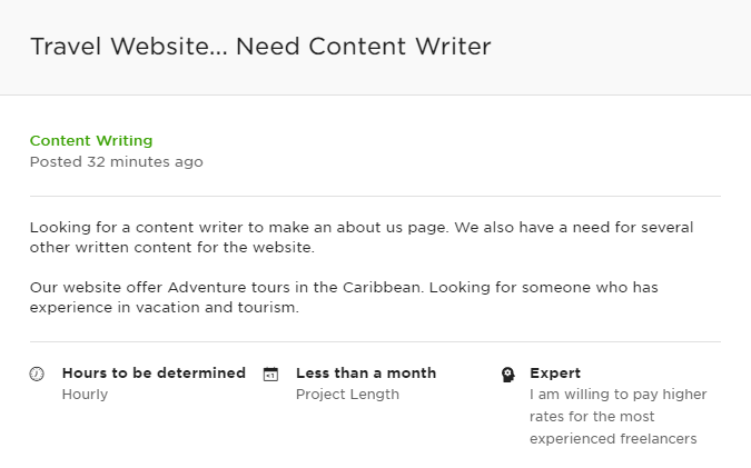A client looking for a content writer for his travel website.