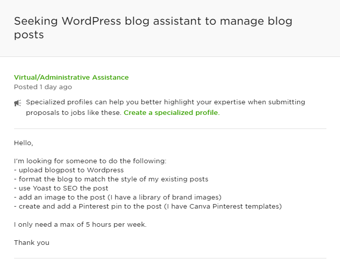 A job post seeking a WordPress blog assistant.