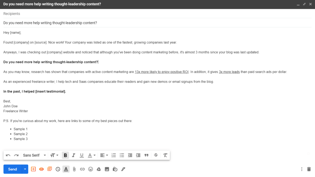 Cold email template for freelance writing outreach