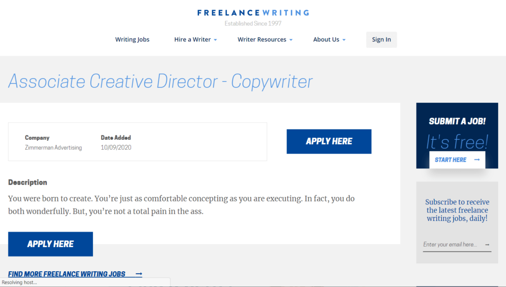 How does a job post on the Freelance Writing website look like?