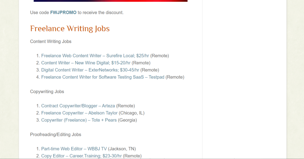 How are the jobs in Freelance Writing Jobs listed?