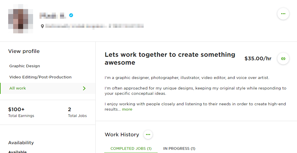 An Upwork profile with the title “Let’s work together to create something awesome”
