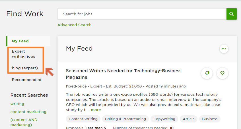 How the saved searches appear on Upwork job post
