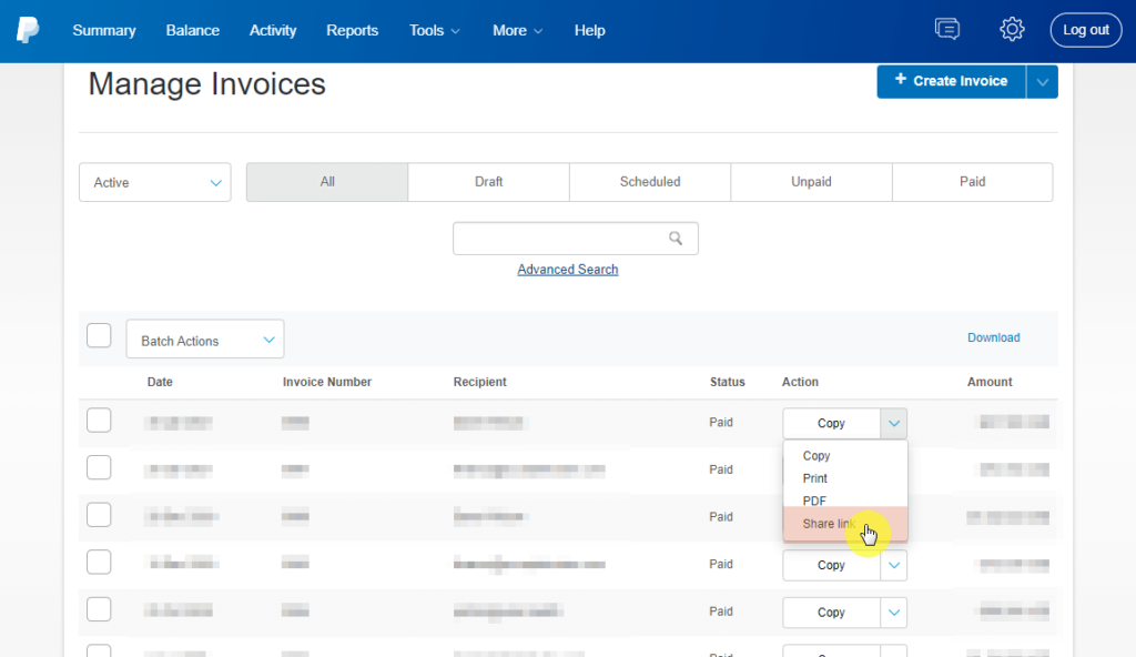 How to share the invoice link on PayPal
