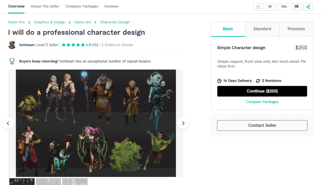A freelancer on Fiverr that creates character design and game concept art for $110.
