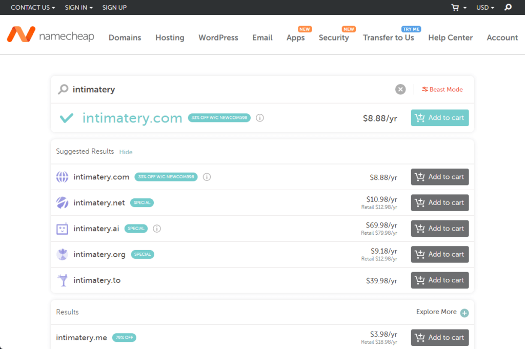 Add to cart "intimatery" on Namecheap for domain name registration