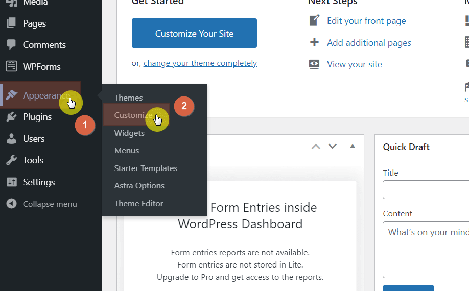 Hover your mouse over "Appearance" and click "Customize"
