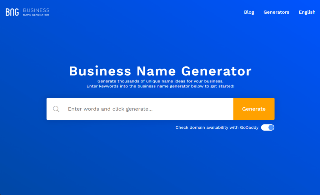 Home page of BNG — Business Name Generator