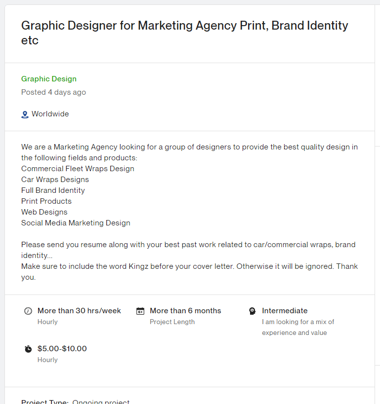 A job post on Upwork looking for someone to create a car wrap design