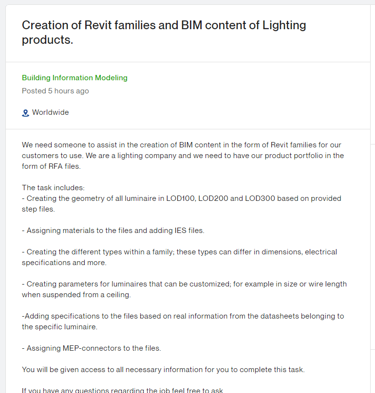A job post on Upwork looking for someone to create a Revit families and BIM content
