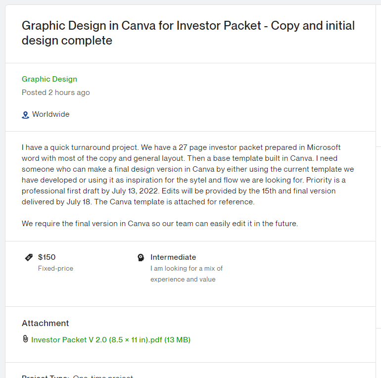A job post on Upwork looking for a graphic designer