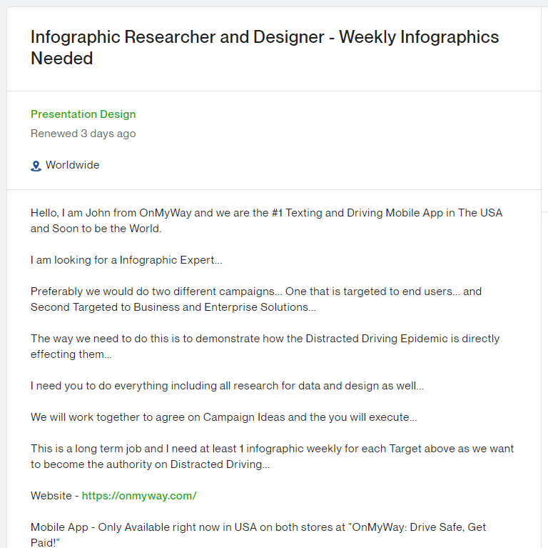 A job post on Upwork looking for an infographic researcher and designer