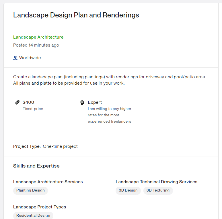 A job post on Upwork looking for someone to create a landscape designer