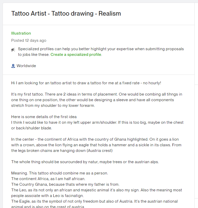 A job post on Upwork looking for someone to create a tattoo artist