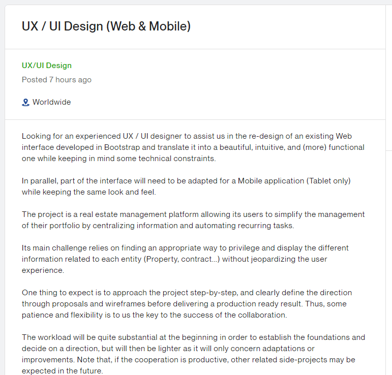 A job post on Upwork looking for a UX/UI designer