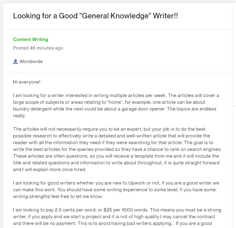 A job post on Upwork looking for a good general knowledge writer