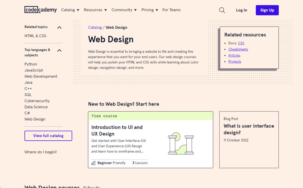 codeacademy > catalog > web design